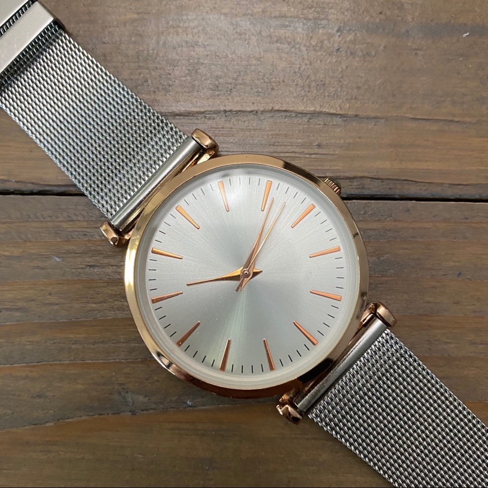 Silver Watch with Rose Gold Detail